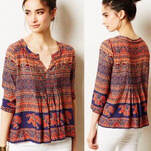Anthropologie Vanessa Virginia Mahdia Elephant Print Peasant Top, Size 2